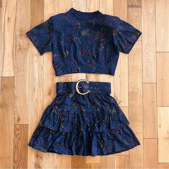Dresses & Skirts - Vintage 90s 2 Piece Dark Blue Floral Belted Skirt and Top Set Size Small